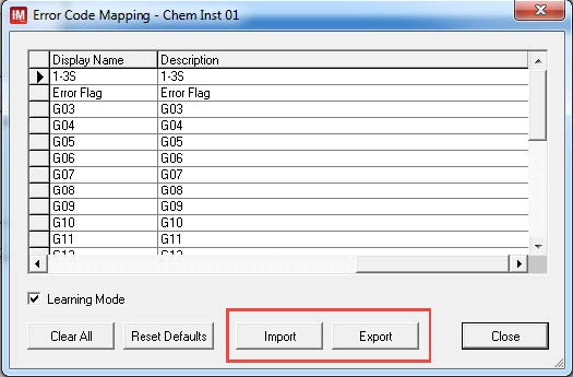 Example of the Import / Export buttons within Error Code Mapping